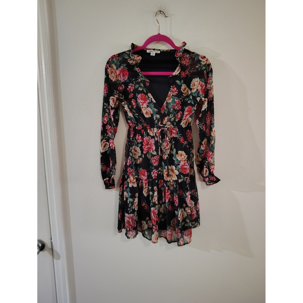 American Eagle Black Floral Long Sleeve Ruffle V-Neck Mini Dress XXS Boho Tiered